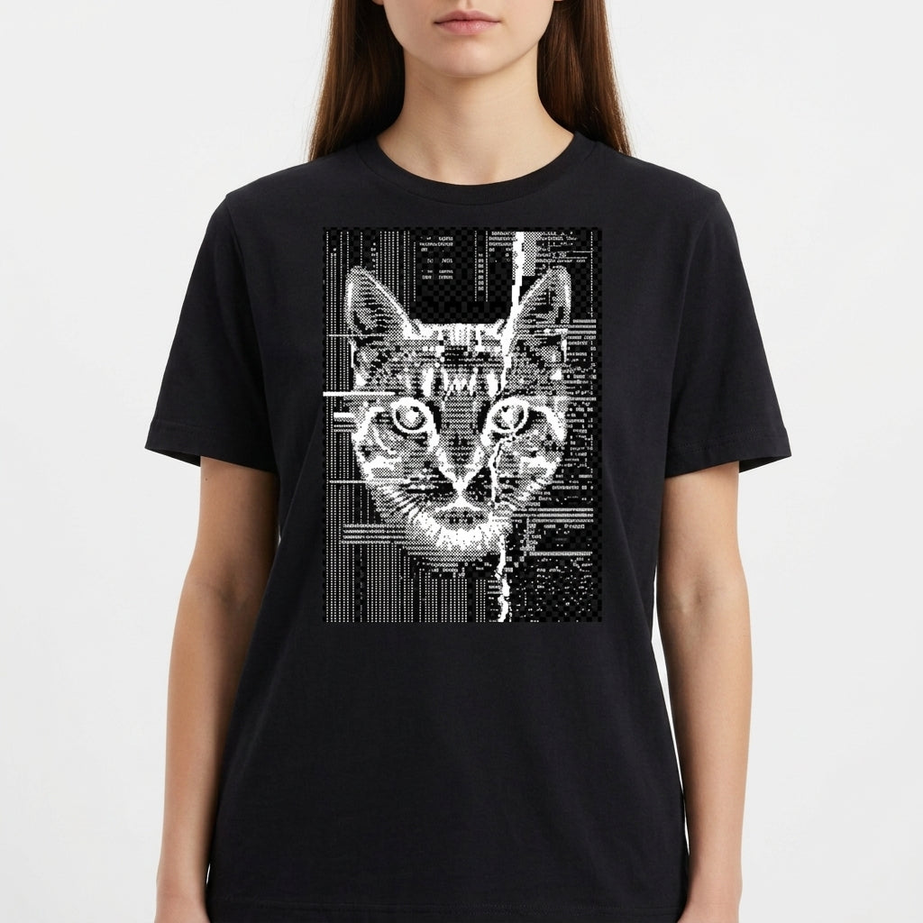 Camiseta com estampa frontal de um rosto de gato estilizado em formato digital glitch, exibindo linhas e distorções que remetem a falhas em vídeo.