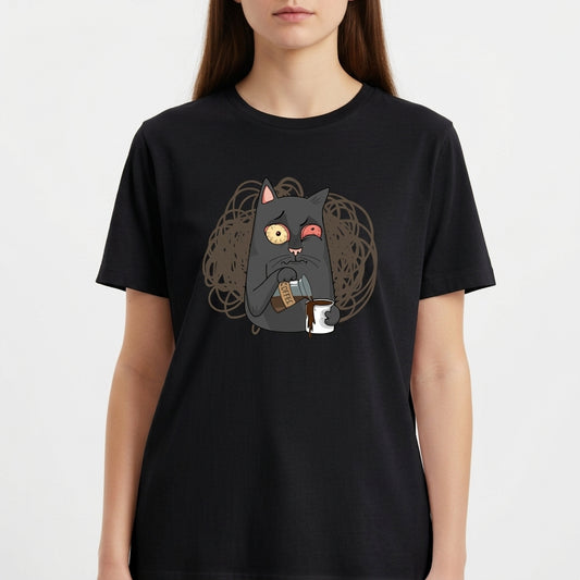 Camiseta com estampa frontal de um gato de expressão cansada segurando uma xícara de café e uma barra de chocolate, destacando-se sobre fundo rabiscado.