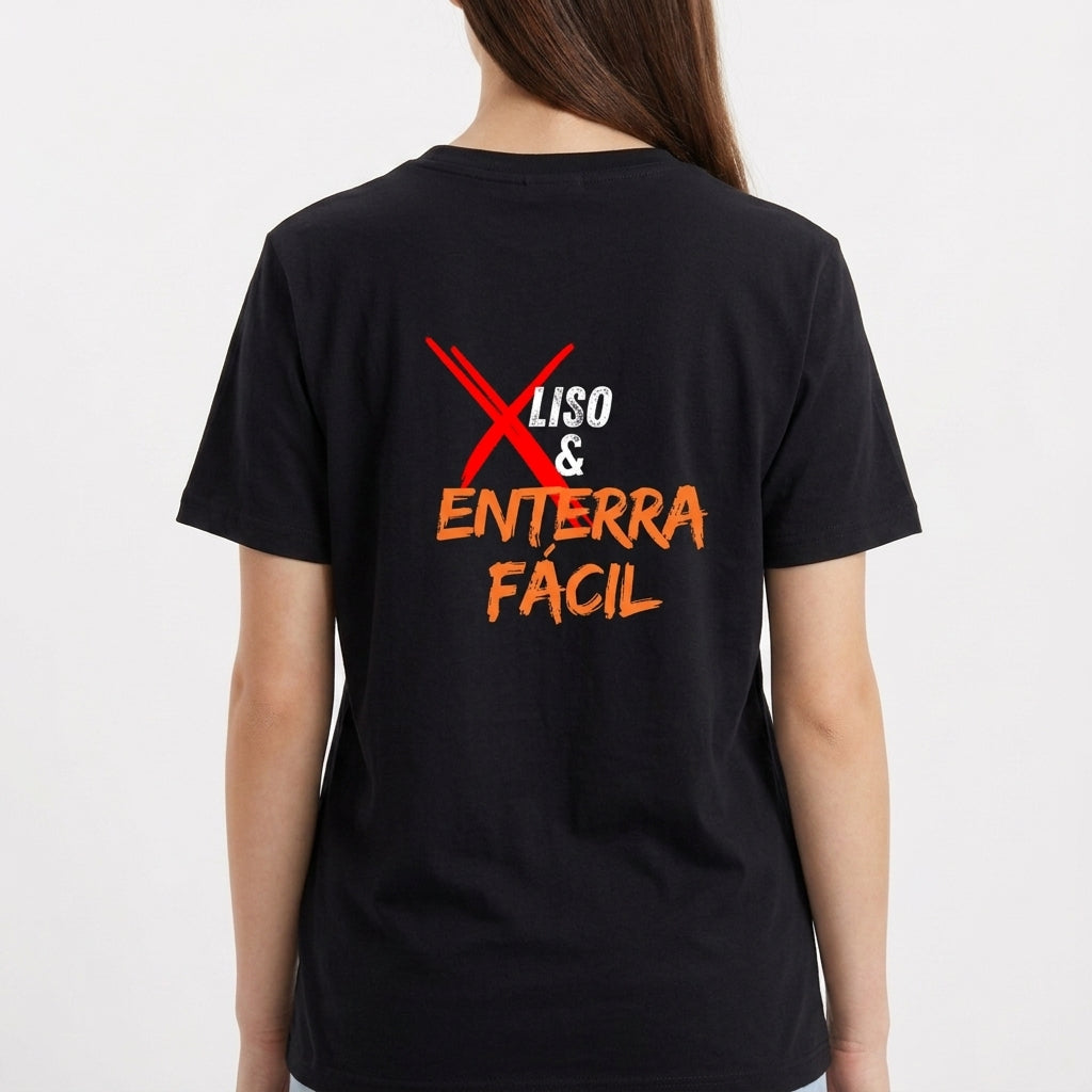 Camiseta com estampa frontal de símbolo de basquete com palavras associadas e estampa traseira de texto com destaque para "Liso & Enterra Fácil".