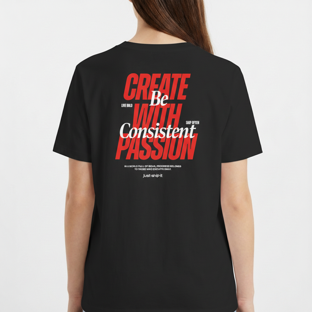 Camiseta com estampa frontal de "CREATE WITH PASSION" e "just ship it"; estampa traseira de "CREATE WITH PASSION Be Consistent" e textos motivacionais adicionais.