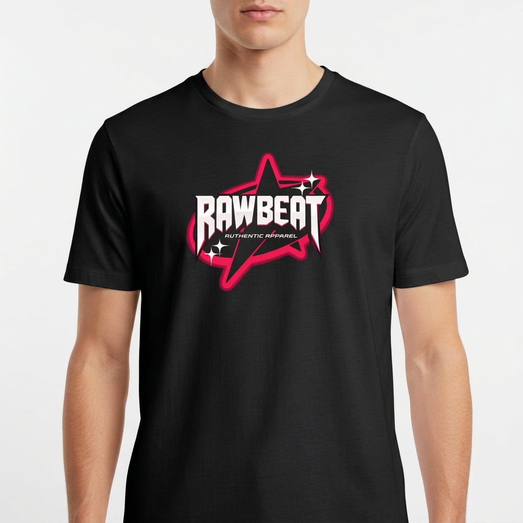 Camiseta com estampa frontal de estrela estilizada com contorno dinâmico, texto central em negrito e pequenos brilhos ao redor, sugerindo movimento.