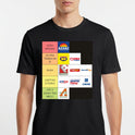 Camiseta com estampa frontal de uma tabela de logos de empresas em diferentes categorias, organizados em colunas, incluindo nomes e logomarcas de supermercados.