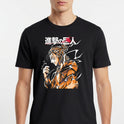 Camiseta com estampa frontal de personagem de cabelo preso e traje volumoso, rodeado por padrões dinâmicos e caracteres estilizados ao lado.
