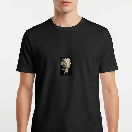 Camiseta com estampa frontal de um rosto artístico imerso em elementos florais intricados, criando um visual detalhado e intrigante que capta a atenção.