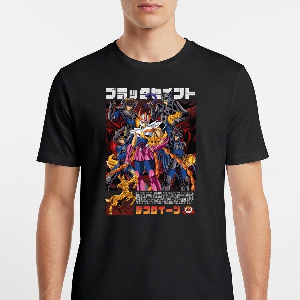 Camiseta com estampa frontal de um grupo de personagens em pose destemida, cercados por figuras sombrias e texto em estilo japonês na parte superior e inferior.