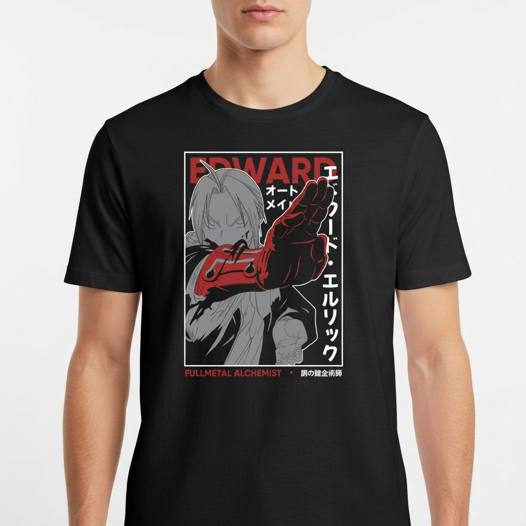 Camiseta com estampa frontal de personagem estilizado em tons de cinza e vermelho, com elementos de design geométrico e texto ao redor.
