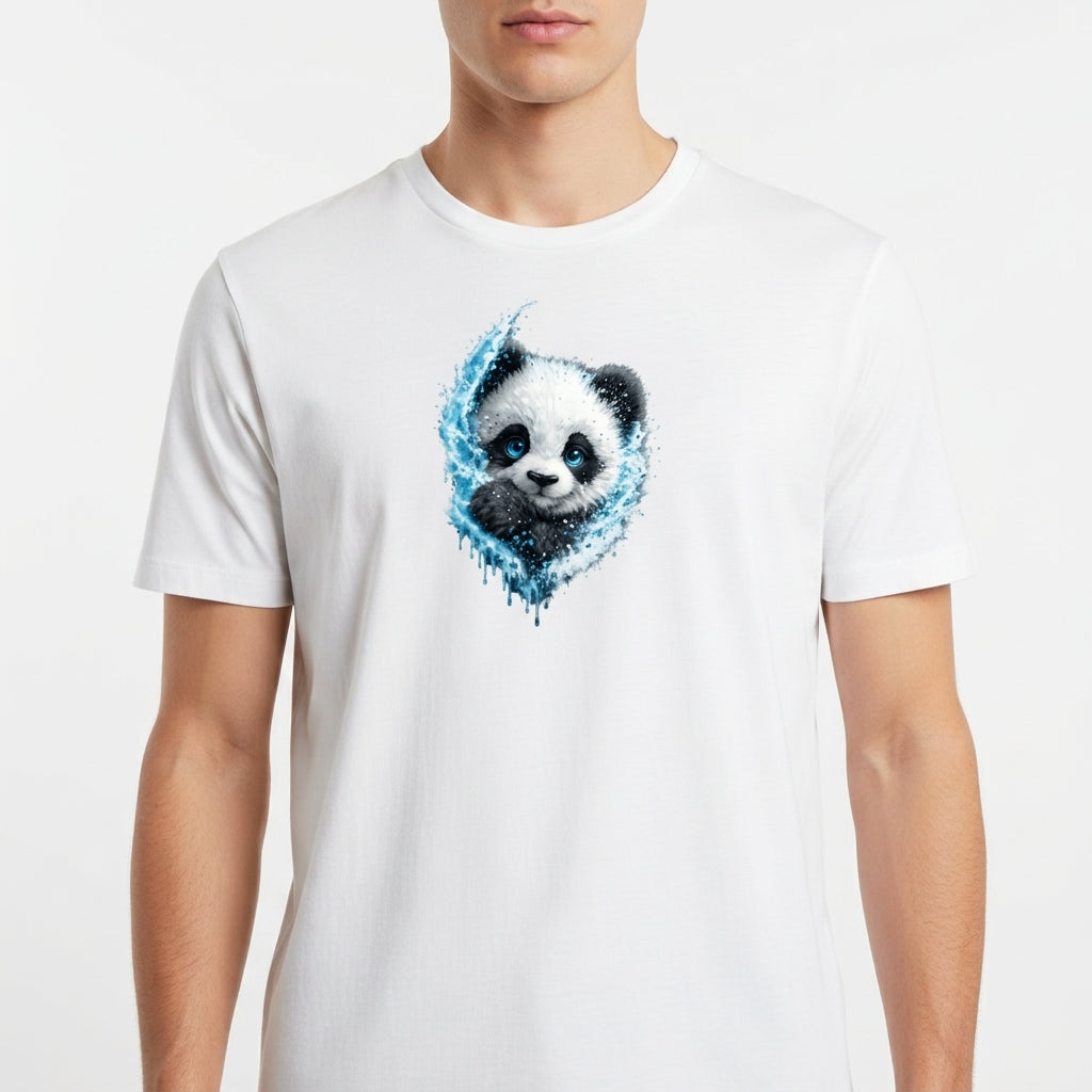 Camiseta com estampa frontal de rosto de panda em estilo aquarela, com detalhes gotejantes e contornos suaves, criando um efeito artístico único.