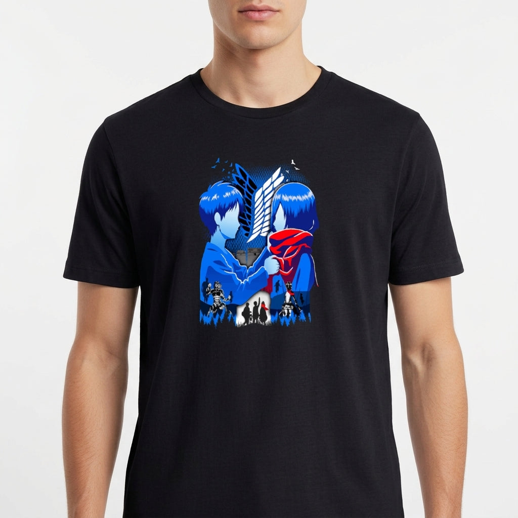 Camiseta com estampa frontal de duas figuras de perfil, uma com cachecol, enquadradas por um emblema, com silhuetas de várias pessoas ao fundo.