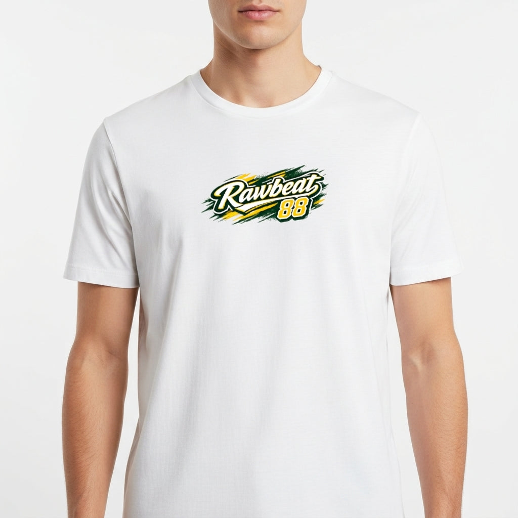 Camiseta com estampa frontal de "Rawbeat 88" em estilo gráfico dinâmico e estampa traseira de "Brasil 88" com design arrojado e número destacado.