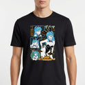 Camiseta com estampa frontal de personagem em estilo quadrinhos, mostrando várias expressões e poses, com elementos gráficos ao redor.