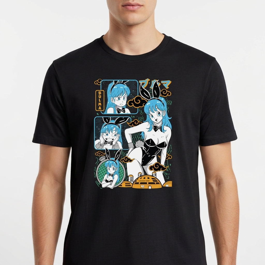 Camiseta com estampa frontal de personagem em estilo quadrinhos, mostrando várias expressões e poses, com elementos gráficos ao redor.