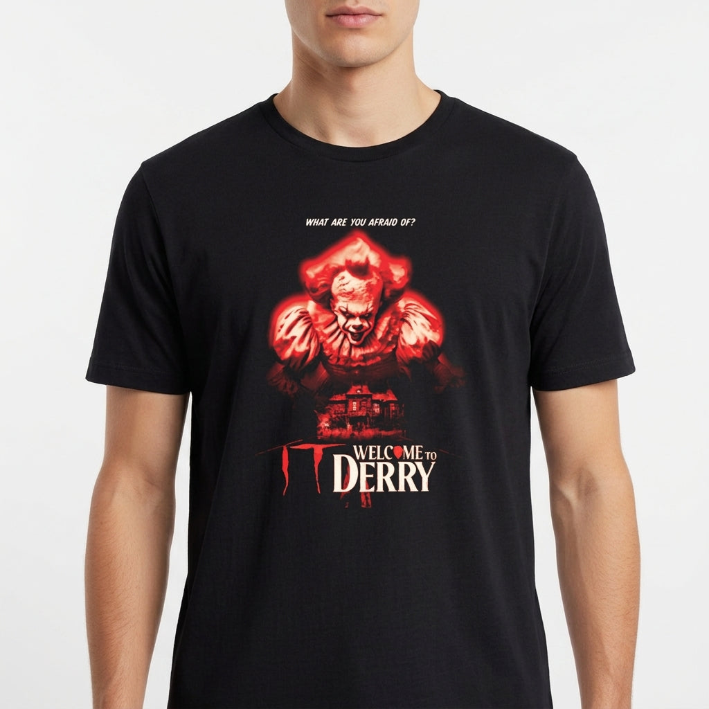 Camiseta com estampa frontal de criatura monstruosa acima de uma casa sombria, com a frase "What are you afraid of?" e "Welcome to Derry" em destaque.