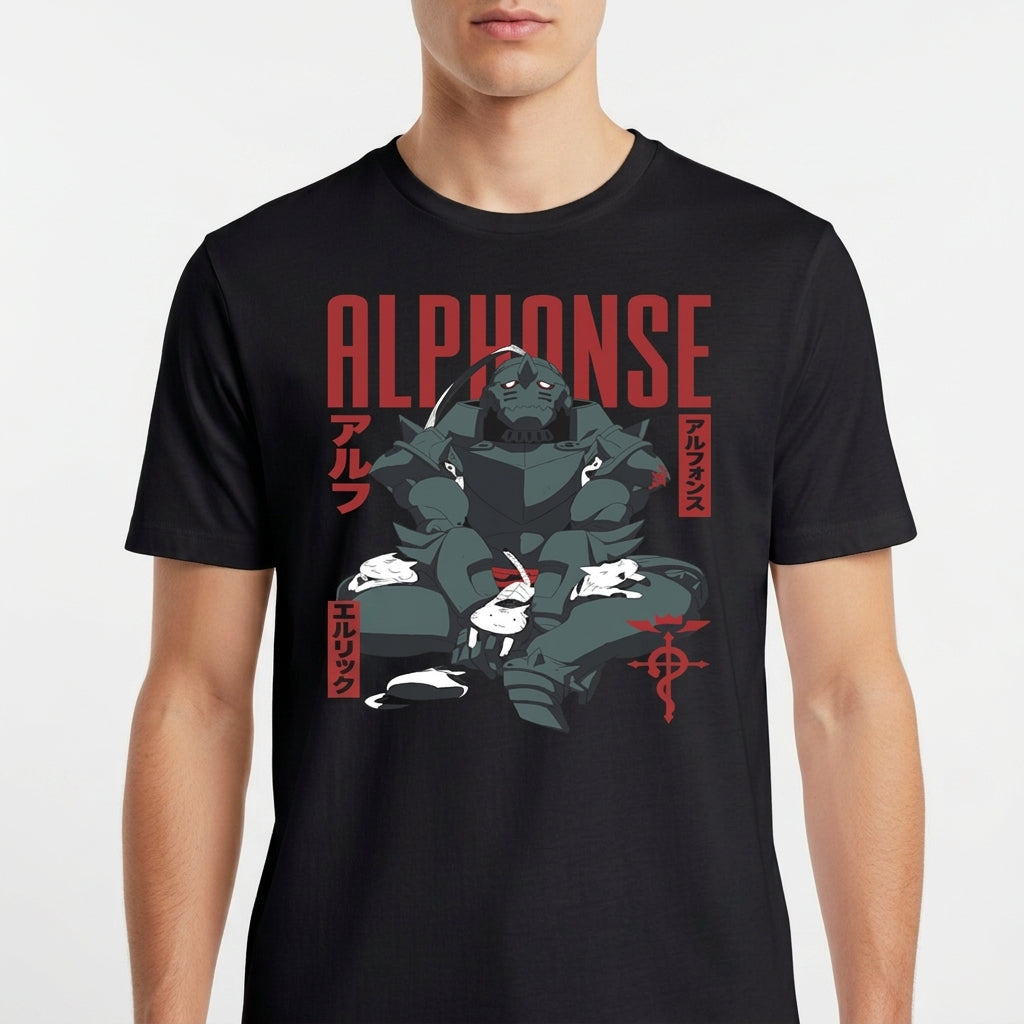 Camiseta com estampa frontal de uma figura robótica em posição sentada, cercada por pequenos coelhos e símbolos decorativos ao lado do texto "ALPHONSE".