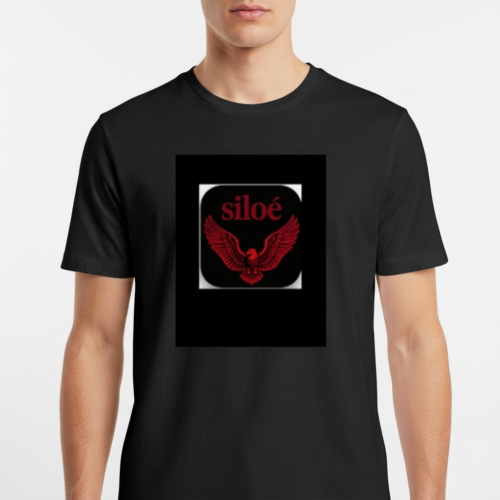 Camiseta com estampa frontal de águia de asas abertas em destaque abaixo do texto "siloé", ambos em um design contrastante e centralizado.