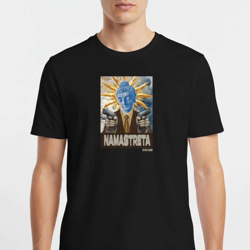 Camiseta com estampa frontal de uma figura bizarramente surreal, apresentando um homem de rosto azul em traje social, segurando armas, com cabelos de raios solares e texto "NAMASTRETA".