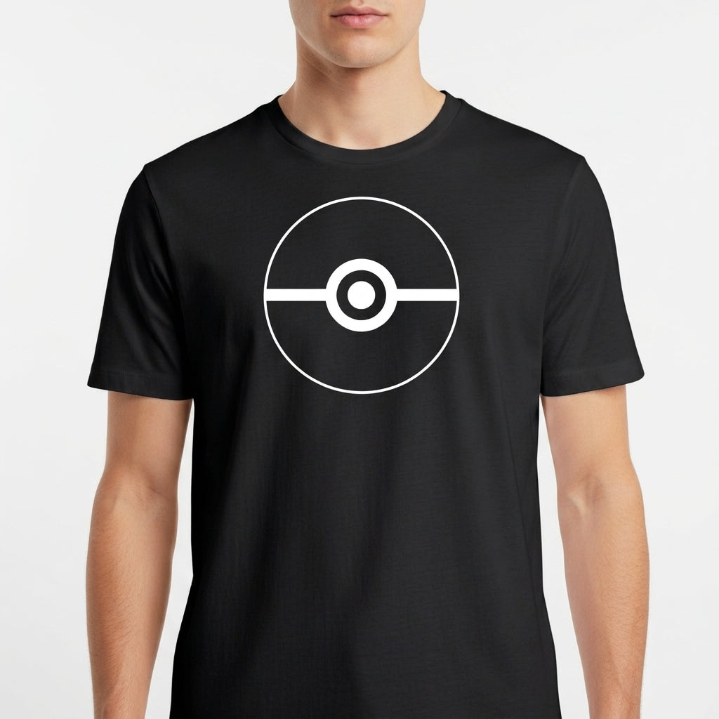 Camiseta com estampa frontal de um círculo com uma linha horizontal ao centro, detalhado com um círculo menor no meio, lembrando um design geométrico.