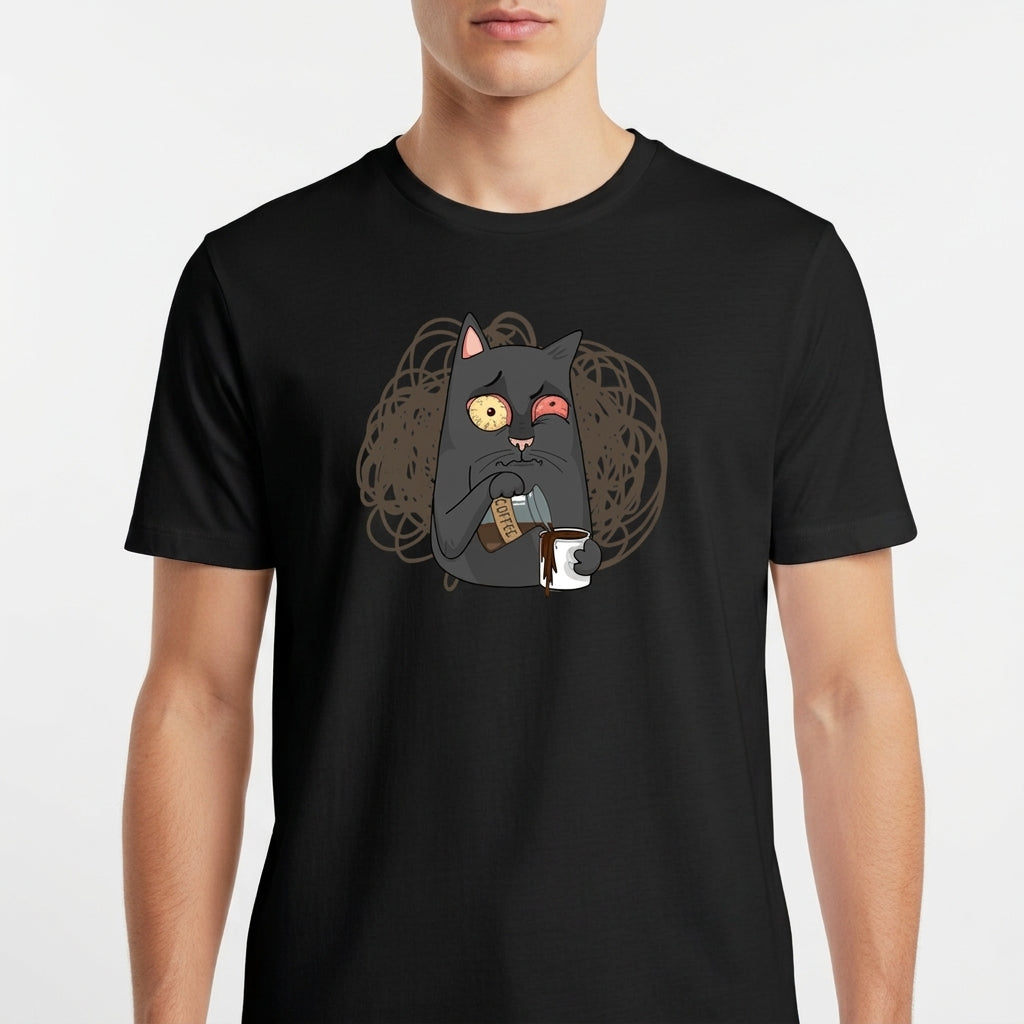 Camiseta com estampa frontal de um gato de expressão cansada segurando uma xícara de café e uma barra de chocolate, destacando-se sobre fundo rabiscado.