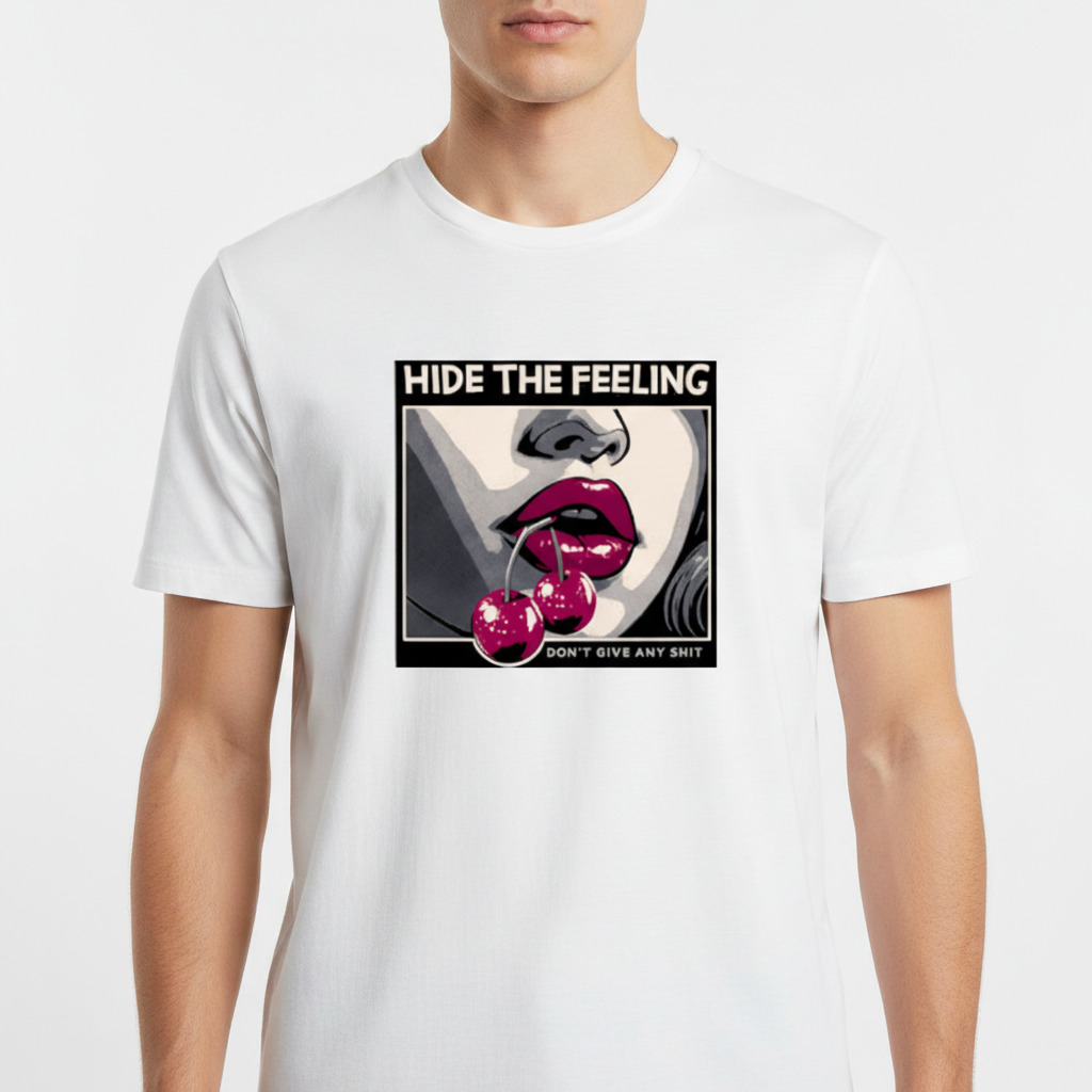 Camiseta com estampa frontal de close de rosto com lábios destacados e cerejas, acompanhada das frases "HIDE THE FEELING" e "DON'T GIVE ANY SHIT".