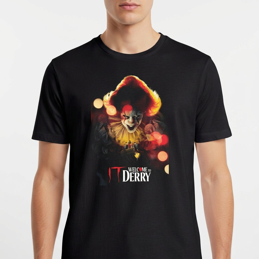 Camiseta com estampa frontal de um palhaço sinistro cercado por luzes embaçadas, com o texto "Welcome to Derry" em destaque na parte inferior.