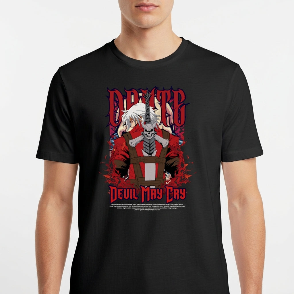 Camiseta com estampa frontal de personagem estilizado segurando uma espada grande, fundo cheio de detalhes gráficos intensos e letras estilizadas acima e abaixo.