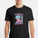 Camiseta com estampa frontal de personagem ilustrado em estilo anime com cabelo azul, vestindo camisa e texto impactante sobre amor por anime.
