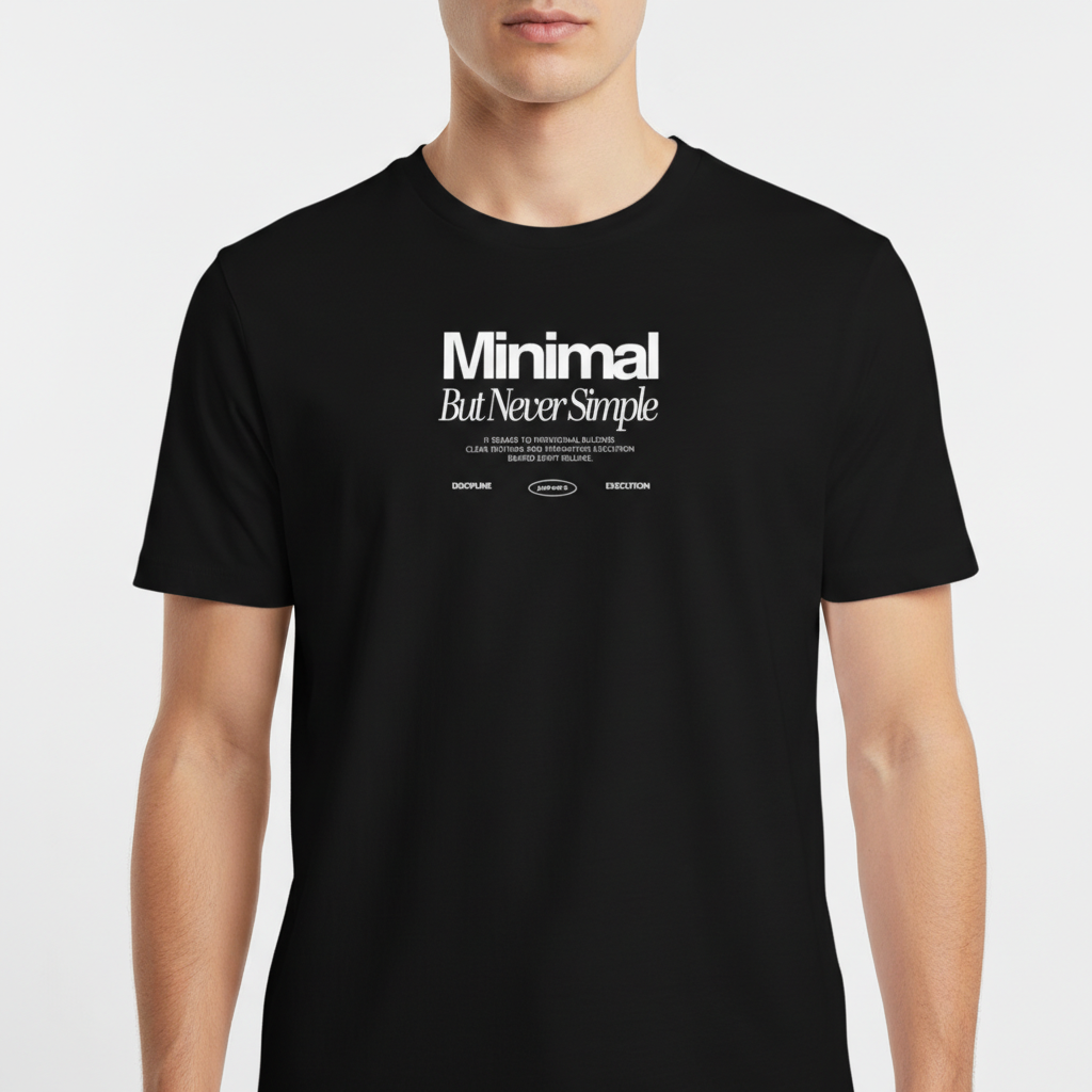 Camiseta com estampa frontal de texto "Minimal But Never Simple" seguido de subtitulos sobre construção, sistemas, execução e disciplina.