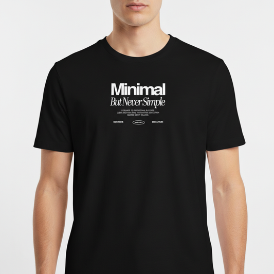 Camiseta com estampa frontal de texto "Minimal But Never Simple" seguido de subtitulos sobre construção, sistemas, execução e disciplina.