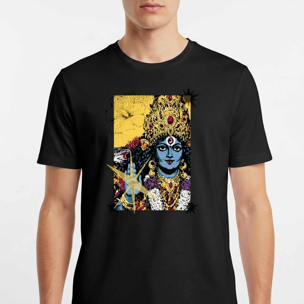 Camiseta com estampa frontal de uma figura feminina em estilo artístico, adornada com joias e detalhes florais, destacando expressões culturais e místicas.