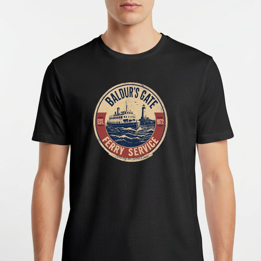 Camiseta com estampa frontal de um emblema circular apresentando um ferry estilizado, com inscrições que indicam "Baldur's Gate Ferry Service" e datas.