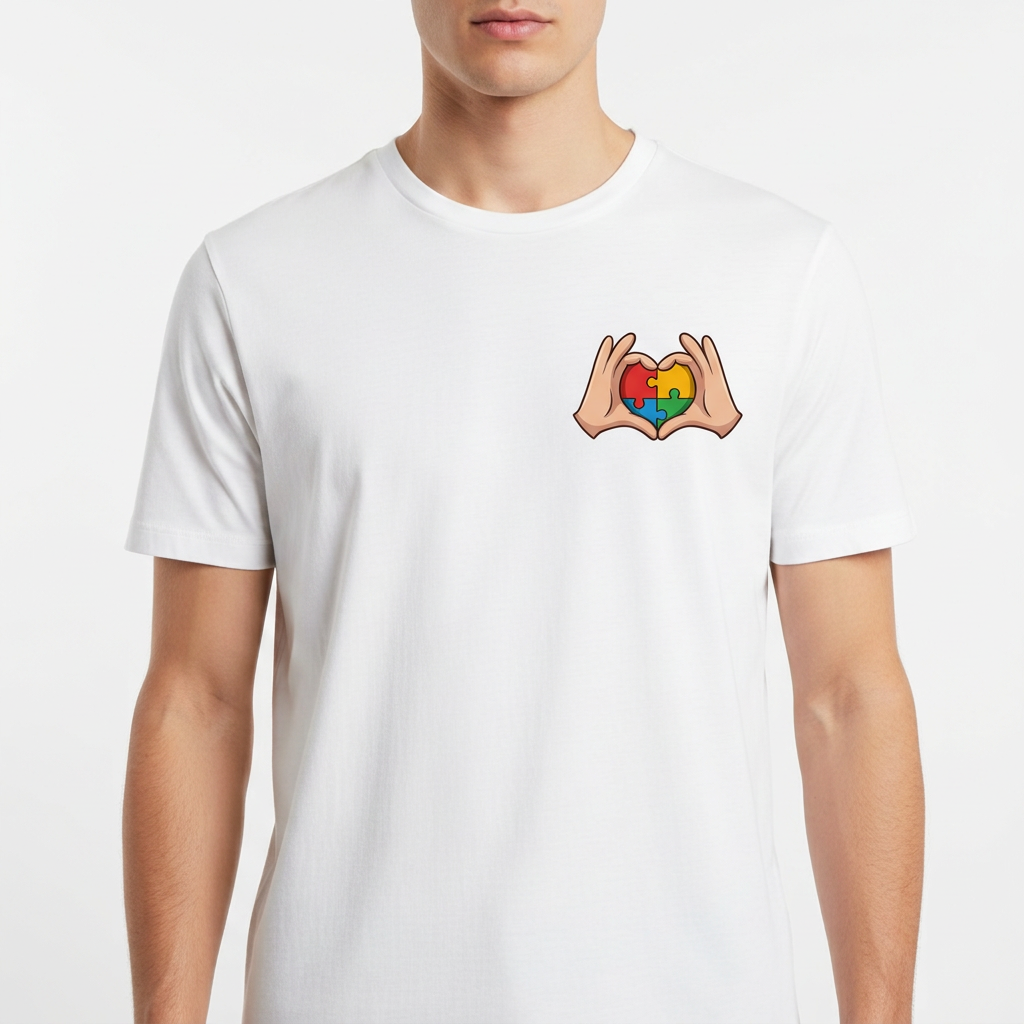 Camiseta com estampa frontal de mãos formando coração com peças de quebra-cabeça coloridas e estampa traseira com frase sobre autismo em diferentes cores.