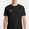 Camiseta com estampa frontal de locomotiva circular e texto "suporte 73", e estampa traseira maior similar, destacando detalhes vintage da locomotiva.