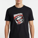 Camiseta com estampa frontal de boca escancarada mostrando a língua com as letras "RB" e estrelas pontiagudas ao lado da palavra "Rawbeat" em destaque.