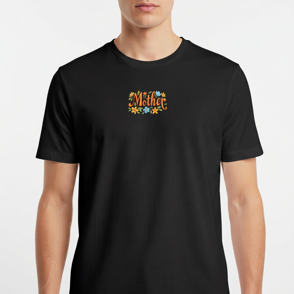 Camiseta com estampa frontal de inscrições artísticas com a palavra "Mother" rodeada por flores e folhagens estilizadas em um design detalhado.