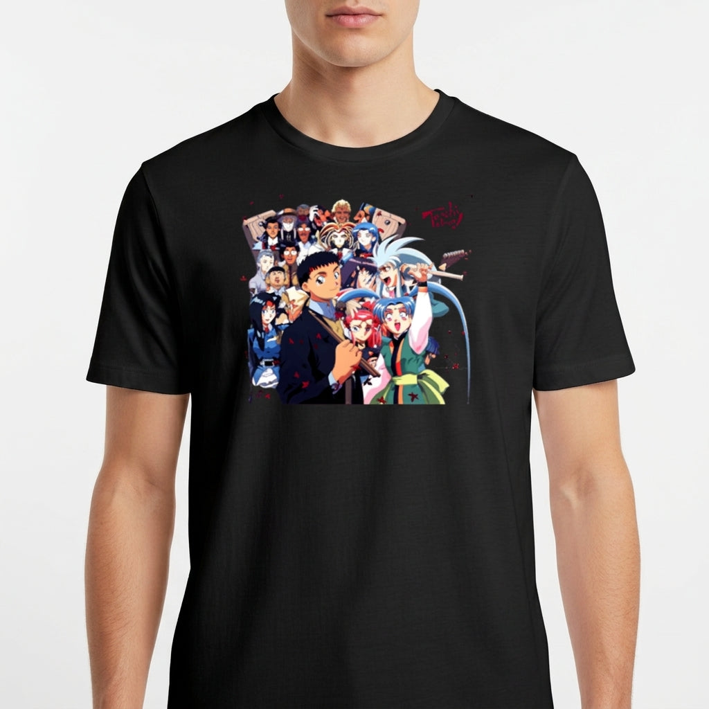 Camiseta com estampa frontal de diversos personagens de anime alinhados, exibindo expressões variadas, alguns com adereços únicos e poses dinâmicas.