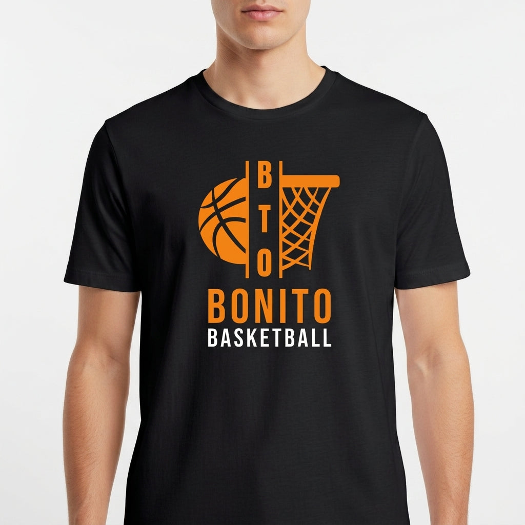 Camiseta com estampa frontal de uma bola de basquete e aro estilizados, acompanhados pelo texto "BONITO BASKETBALL" em letras chamativas.