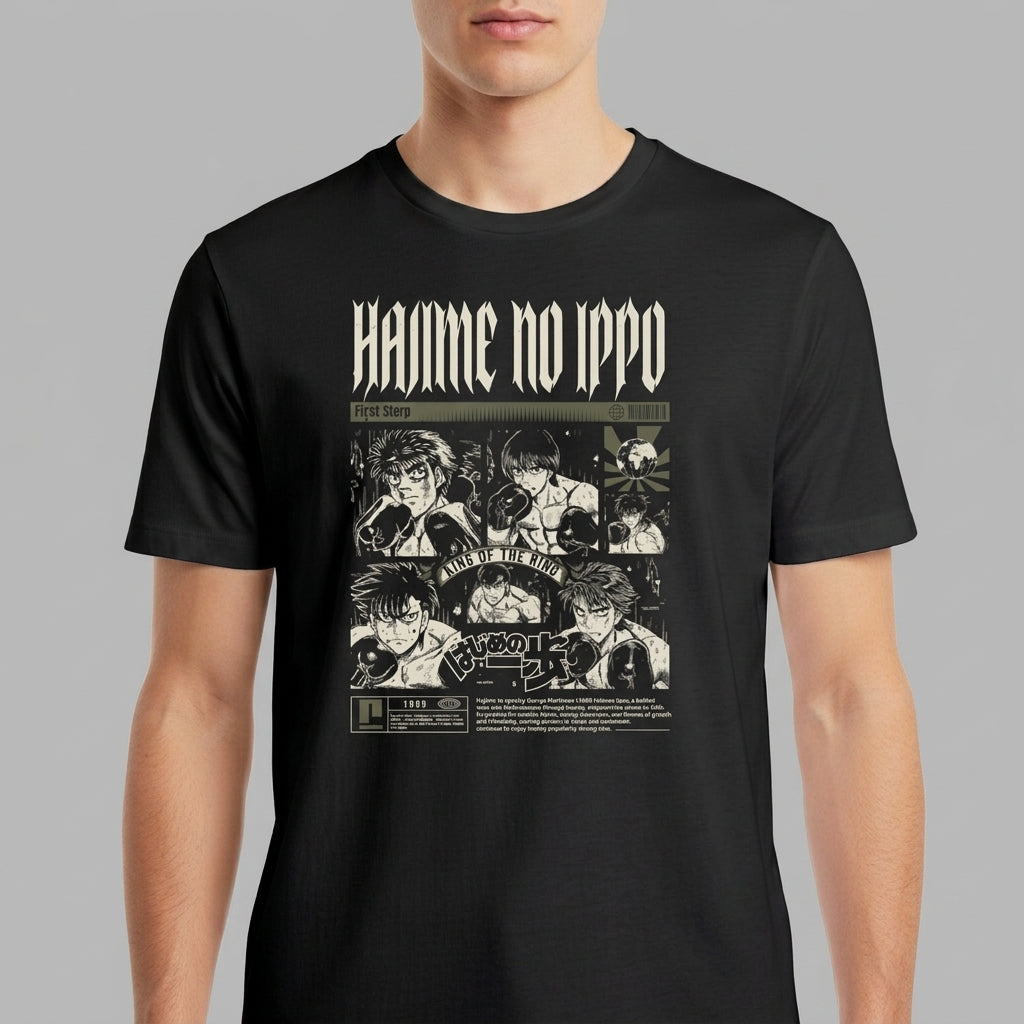 Camiseta com estampa frontal de quadrinhos ilustrados em cenas de luta, com personagens desenhados em estilo mangá, acompanhados por textos estilizados.