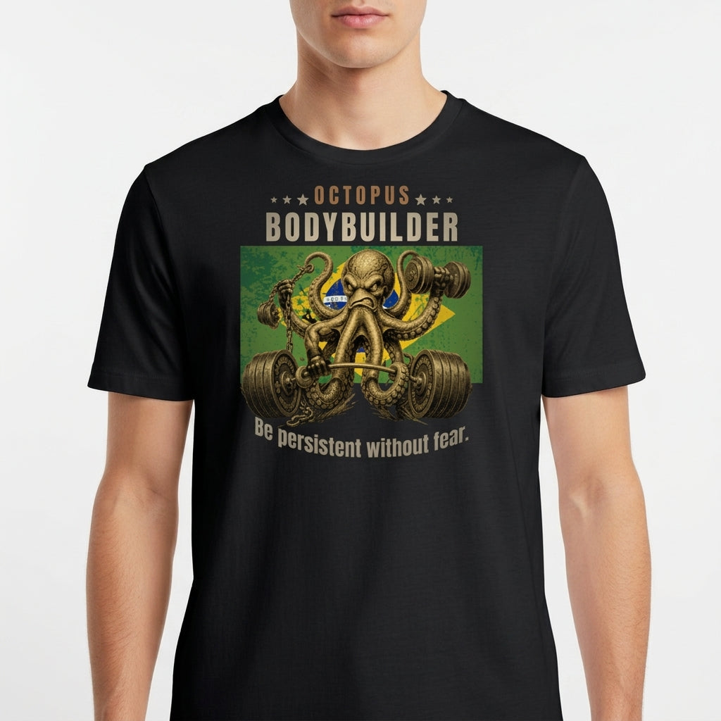 Camiseta com estampa frontal de polvo musculoso levantando pesos, rodeado por estrelas e letras, complementado por uma mensagem motivacional em inglês.