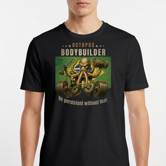 Camiseta com estampa frontal de polvo musculoso levantando pesos, rodeado por estrelas e letras, complementado por uma mensagem motivacional em inglês.
