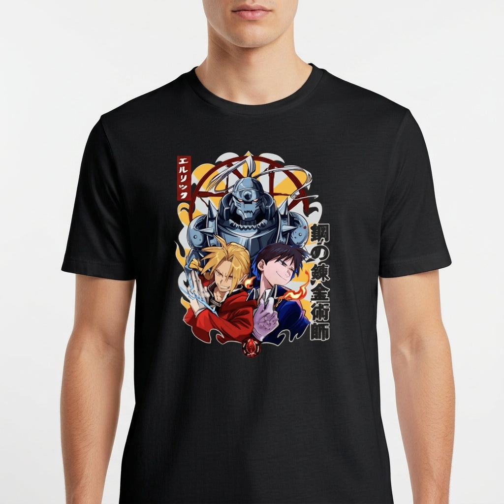 Camiseta com estampa frontal de três personagens em estilo animado, cercados por símbolos místicos e letras verticais estilizadas à esquerda.