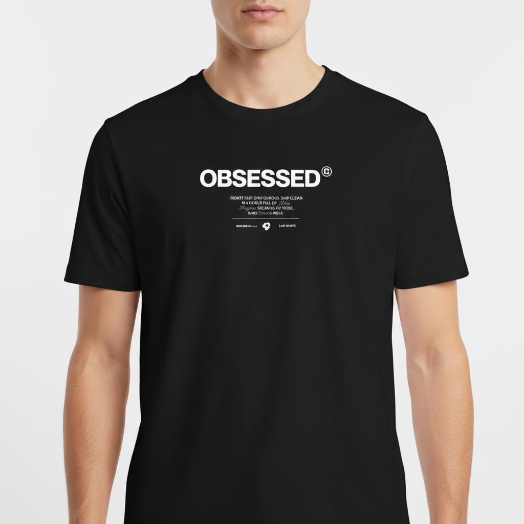Camiseta com estampa frontal de texto grande "OBSESSED" seguido por linhas menores que incluem mensagens inspiradoras e dois logotipos pequenos abaixo.