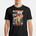 Camiseta com estampa frontal de personagens de anime em poses dinâmicas, rodeados por símbolos japoneses e detalhes florais, com texto em destaque.