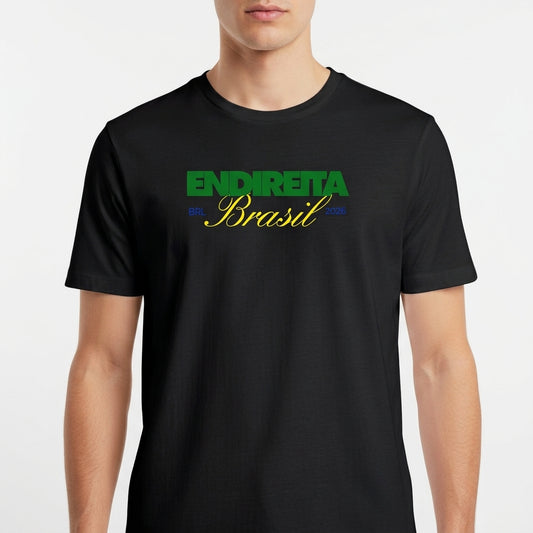 Camiseta com estampa frontal de texto "ENDIRETA" em letras grandes, "Brasil" estilizado abaixo, seguido por "BRL 2026" em menores dimensões.
