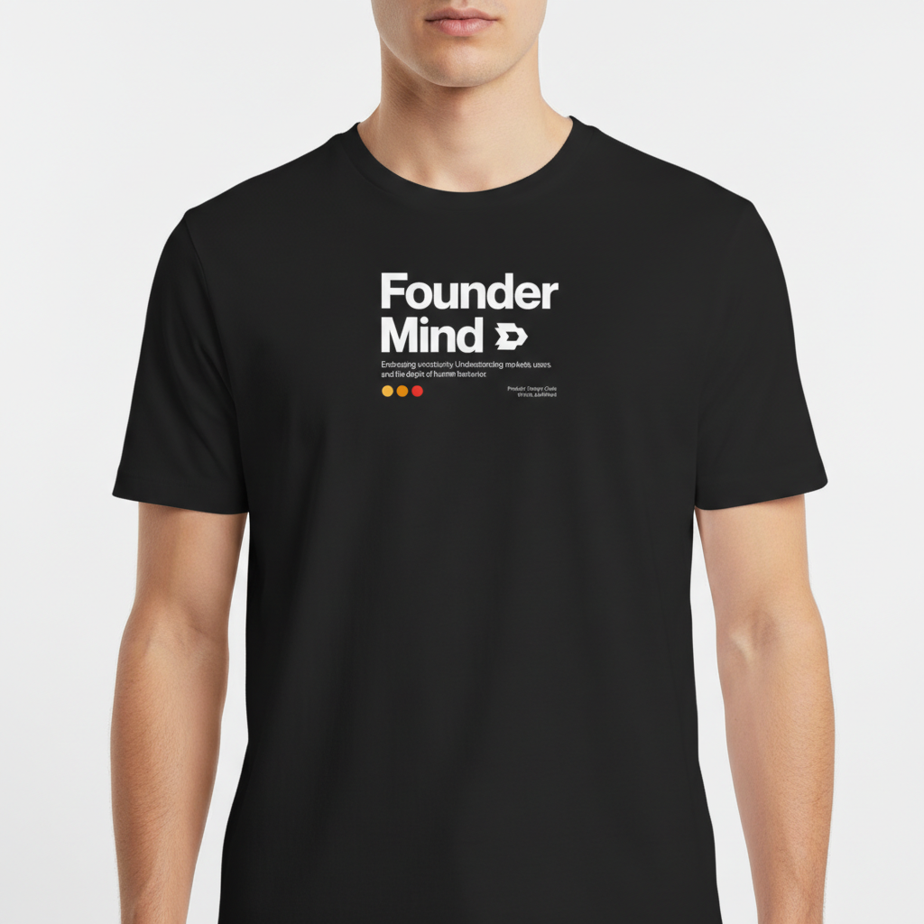 Camiseta com estampa frontal de texto "Founder Mind" acompanhado de uma silhueta de cabeça, frase inspiradora e três círculos coloridos abaixo.