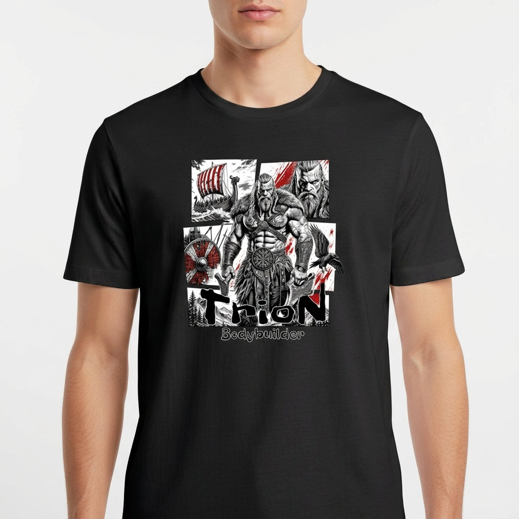 Camiseta com estampa frontal de guerreiro musculoso em quadrantes, com navio, homem barbudo, escudo e machado ao fundo, com texto inferior "Thron Bodybuilder".