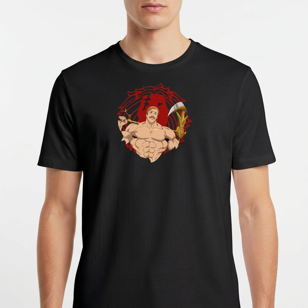Camiseta com estampa frontal de guerreiro musculoso segurando uma arma sobre fundo circular e estampa traseira de personagem em pose poderosa com texto.