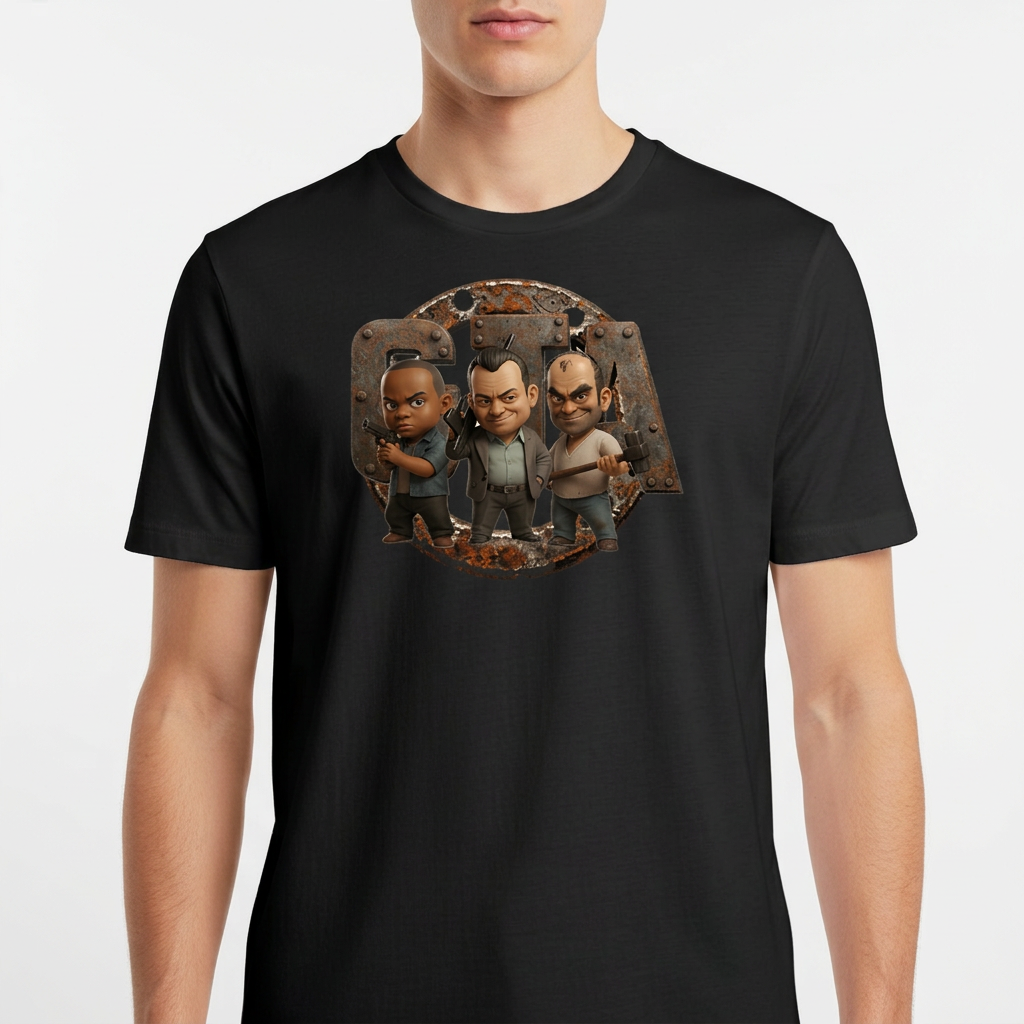 Camiseta com estampa frontal de três personagens estilizados em pose séria dentro de uma estrutura metálica envelhecida, com detalhes de ferrugem ao redor.