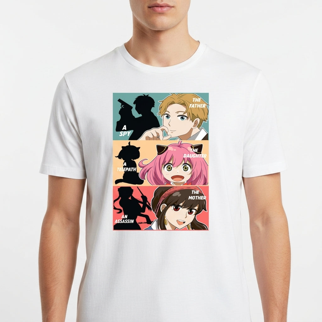 Camiseta com estampa frontal de três painéis mostrando silhuetas e personagens, com textos: "A Spy", "The Father", "Telepath", "The Daughter", "An Assassin", "The Mother".