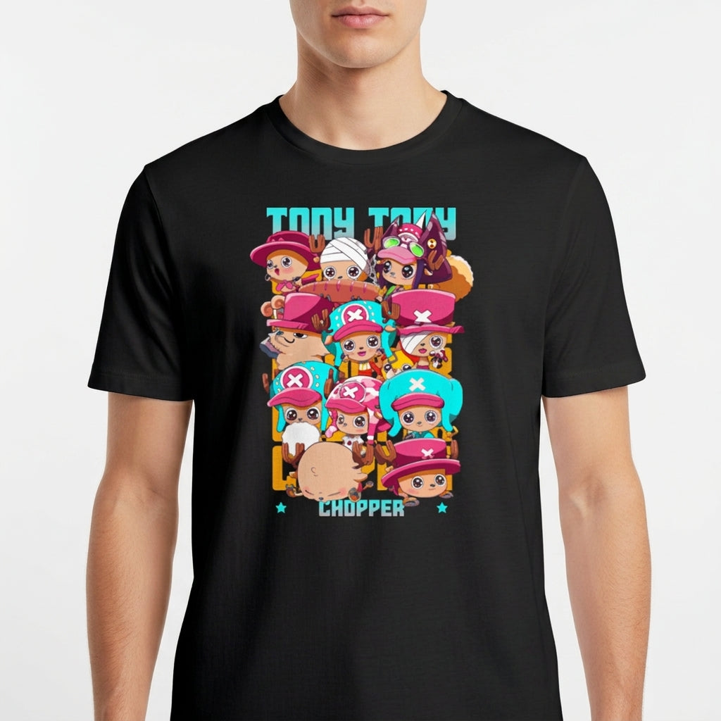 Camiseta com estampa frontal de personagens chibi usando diferentes chapéus rosa e azul, acompanhados de letras estilizadas em um tom vibrante.
