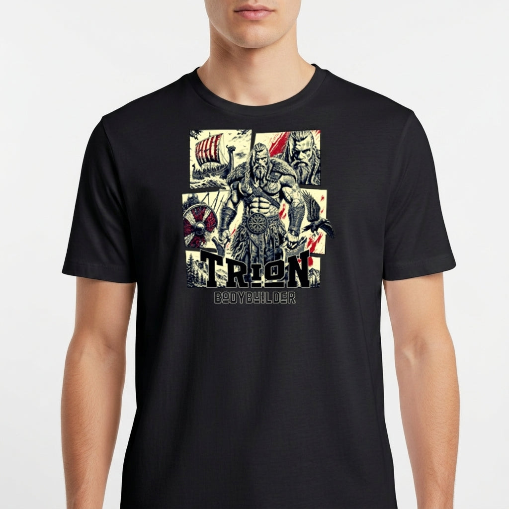 Camiseta com estampa frontal de um guerreiro musculoso em quadrantes, junto a um navio viking, escudo, espadas e texto "TRION BODYBUILDER".