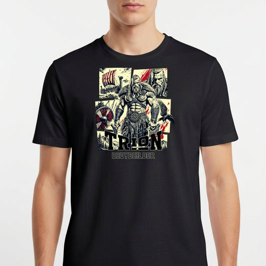 Camiseta com estampa frontal de um guerreiro musculoso em quadrantes, junto a um navio viking, escudo, espadas e texto "TRION BODYBUILDER".
